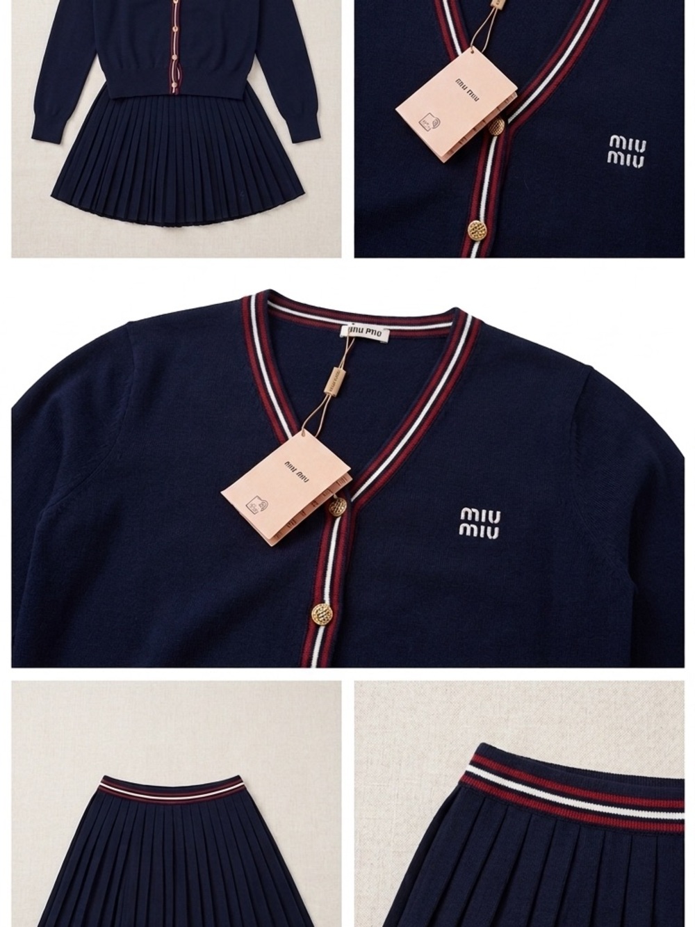 Miu Miu Navy Knit Cardigan & Pleated Skirt with Red and White Stripe Trim